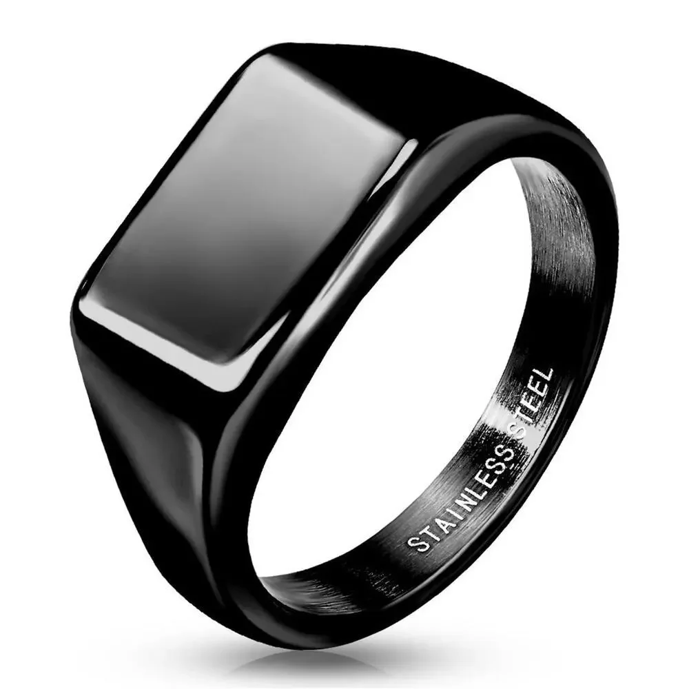 Men’s Wide Square Flat Top Black 315L Stainless Steel Ring 9mm width size 11